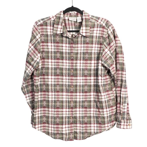 Y2K Plaid Embroidered Button Up Shirt PL Women Red Green Christmas Cotton Petite - Picture 1 of 5